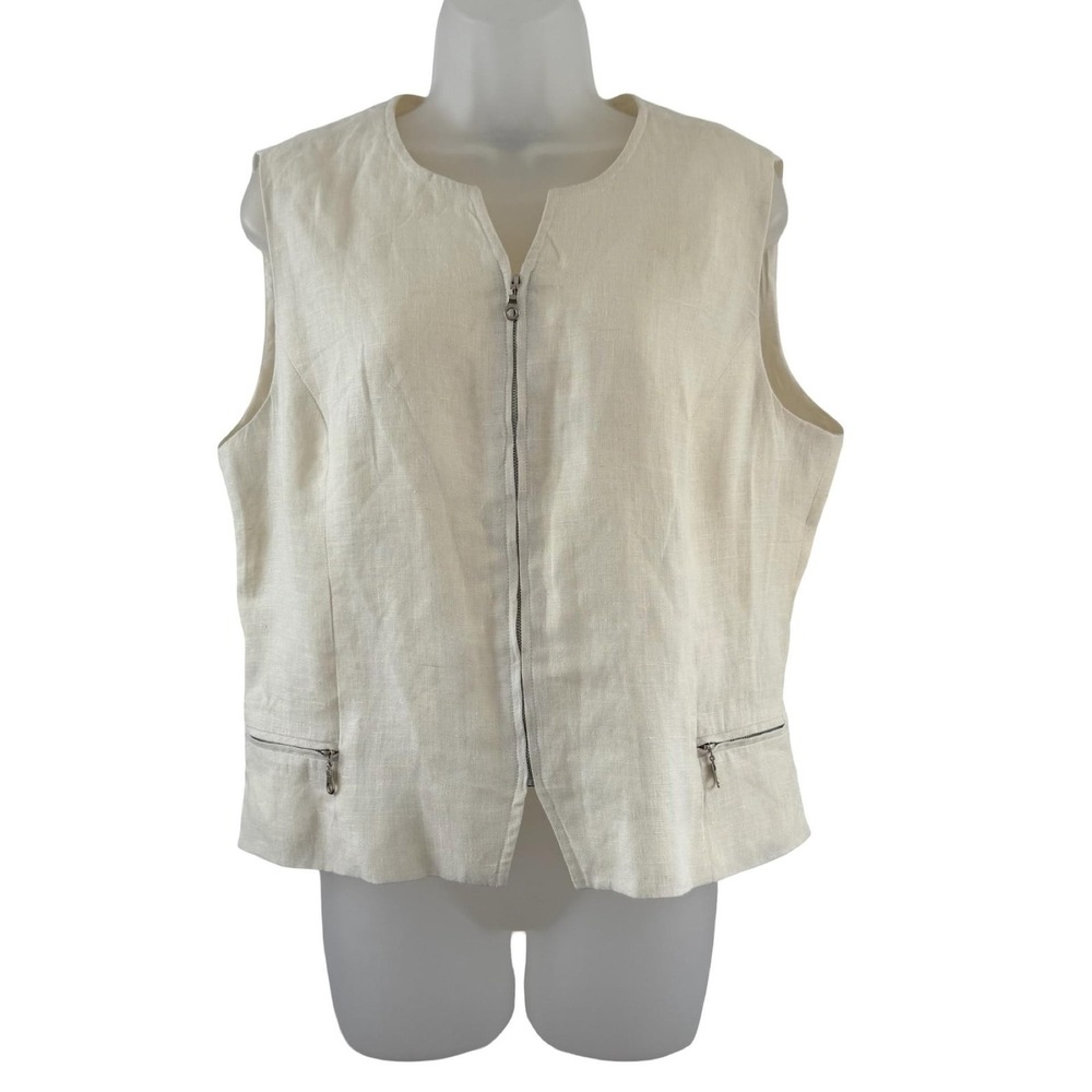 Vintage For Pete's Sake Linen Vest Cream Minimalist Zip Front Sleeveless Jacket